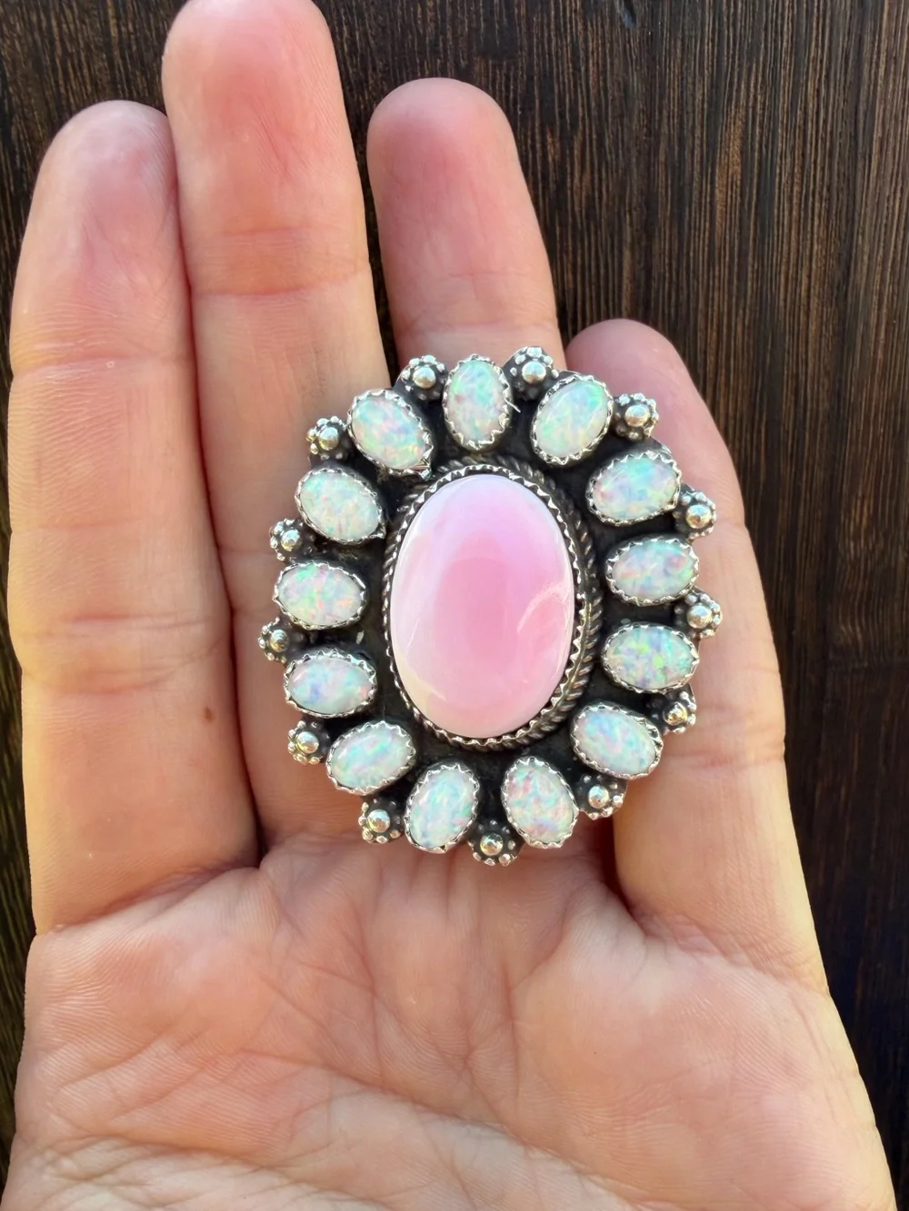 Navajo Handmade Pink Conch and Natural Opal Cluster Statement Ring - Signed